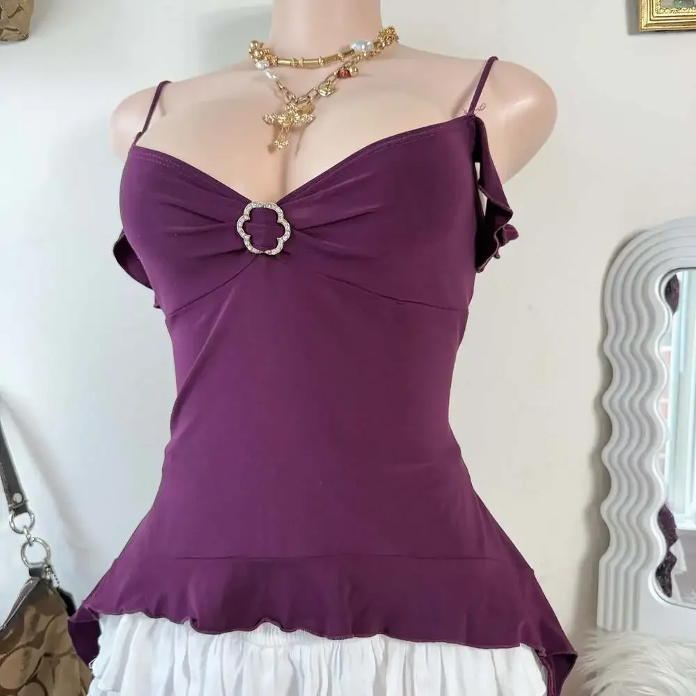 Y2K Fairy Grunge Plum Off Shoulder Cami Top Rhinestone Detail